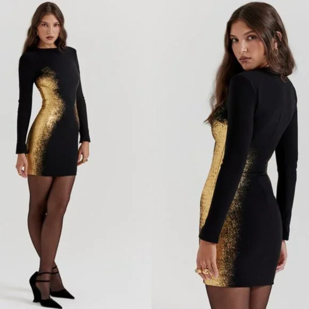 NEW HOUSE OF CB 'Domenica' Black & Gold Foil Print Mini Dress Size M  #MD2198 - Picture 5 of 9
